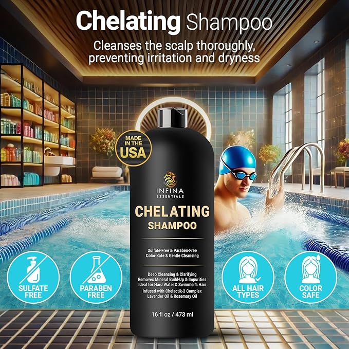 Chelating Hard Water Shampoo with Chelactik-3 & Rosemary Oil - Color Safe Metal Detox Shampoo for Build-Up & Swimmers Hair - 16 fl oz