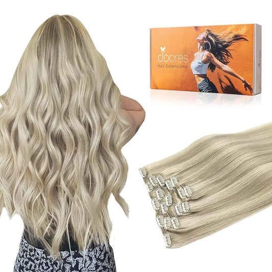 DOORES Hair Extensions Clip in Human Hair Balayage Ash Blonde Highlighted Platinum Blonde 120g 7pcs 16 Inch Clip in Human Hair Extensions Remy Natural Silky Weft