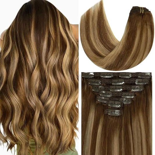 Loxxy New Version Thickened Double Weft Remy Human Hair Chocolate Brown to Caramel Blonde Thick Silky Straight 22 Inch Clip in Human Hair Extensions Clip in Thick Silky Straight Hair 140g
