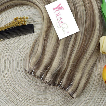 YoungSee Wire Hair Extensions Human Hair Highlight Human Hair Wire Extensions Light Brown Highlights with Blonde Smooth Wire Real Hair Extensions Personalized Customization Hair Extensions 16In 80G
