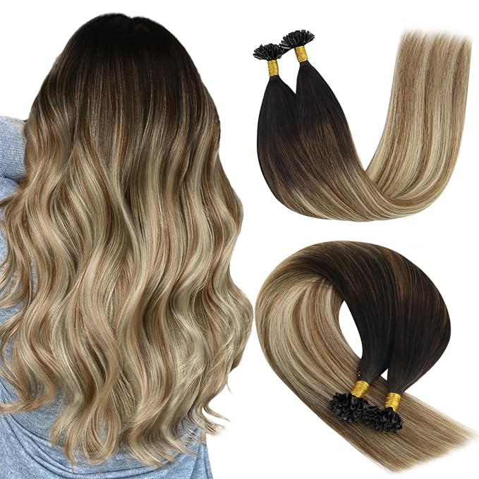 YoungSee U Tip Hair Extensions Human Hair Balayage Keratin Hair Extensions U Tip Ombre Dark Brown to Brown with Blonde K Tips Hair Extensions Silky 18In Balayage Utip Remy Hair Extensions 1g/s 50g