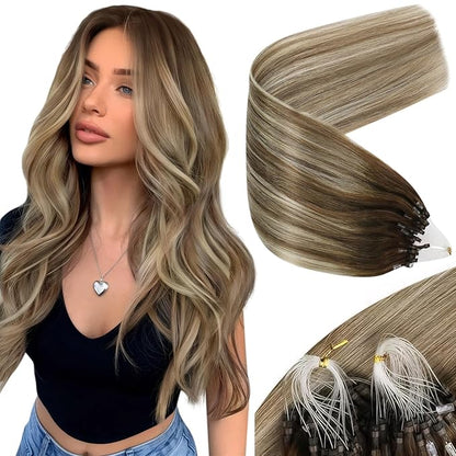 Sunny Hair Micro Link Hair Extensions Human Hair Balayage Brown Micro Beads Hair Extensions Brown Balayage Ash Brown with Blonde Micro Loop Hair Extensions Add Luster 18inch 50g