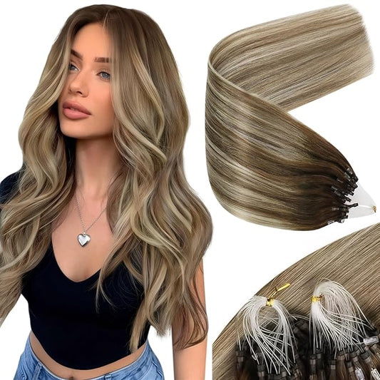 Sunny Hair Micro Link Hair Extensions Human Hair Soft Micro Hair Extensions Real Human Hair Brown Balayage Ash Brown with Highlight Micro Loop Hair Extensions Fit Any Occasion 14in 50g