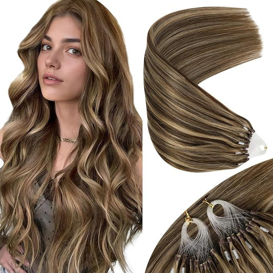Sunny Hair Micro Beads Hair Extensions Ease of use Microlink Hair Extensions Human Hair Dark Brown Highlight Caramel Blonde Cold Fusion for Women 14inch 50g