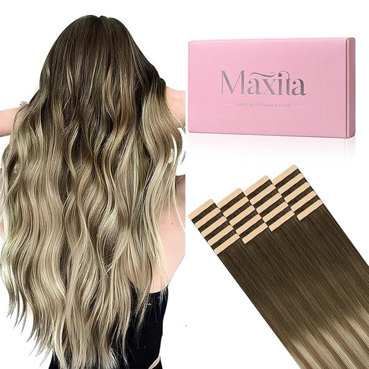 MAXITA Tape in Hair Extensions Human Hair, 3/8/613 Walnut Brown to Ash Brown and Bleach Blonde, 18inch 50g 20pcs Skin Weft Seamless Invisible Remy Human Hair, Silky Straight Thick Ends