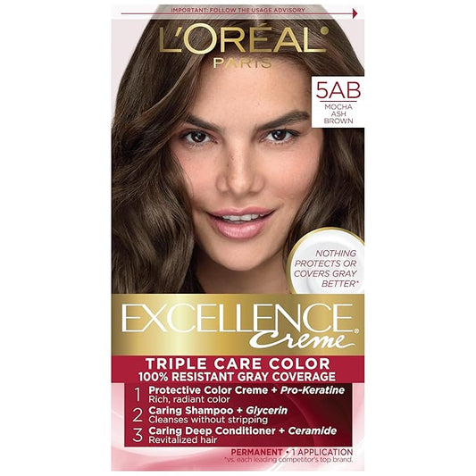 L'Oreal Paris Excellence Creme Permanent Triple Care Hair Color, 5AB Mocha Ashe Brown, Gray Coverage For Up to 8 Weeks, All Hair Types, Pack of 1