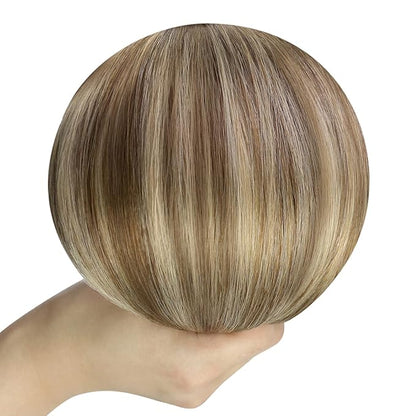 YoungSee Sew in Hair Extensions Balayage Human Hair Extensions Weft Dark Brown Roots Blending into Medium Brown with Warm Blonde Highlight Smooth Hair Extensions Sew in for Long-lasting 100G 18Inch