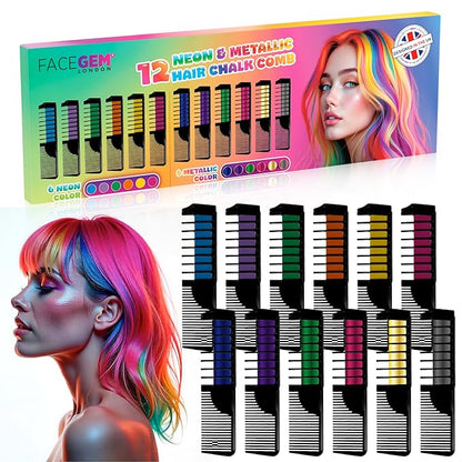 12 Hair chalks comb, 12 NEON & METALLIC hair chalk, Non-Toxic Easy Washable Hair Dye Colourful, METALLIC & NEON hair chalk -Perfect for Festivals, Halloween, Party, hair chalks for girls