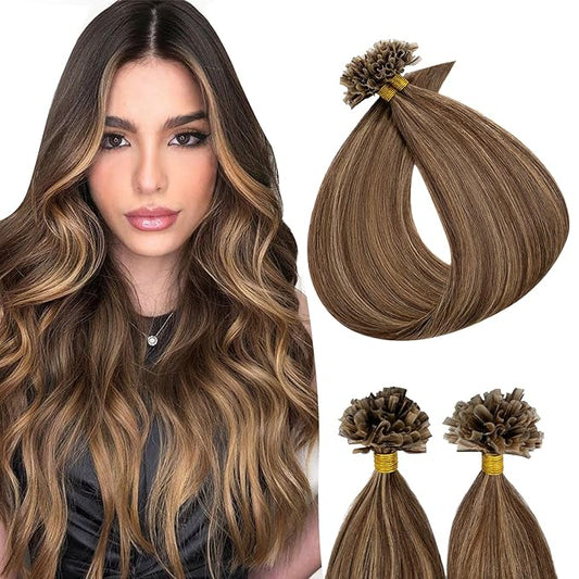 U Tip Hair Extensions Human Hair Pre Bonded Extensions Keratin Fusion Extensions K Tip Hair Extensions Real Human Hair Silky Straight Natural 50g/100 Stands 14" Medium Brown Mix Dark Blonde