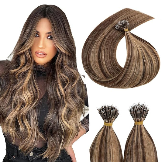Nano Bead Human Hair Extensions, nano rings hair extensions, Nano-bond Hair Extensions, Nano Tip Extensions, Silky, Straight, Natural, 50g/50 Stands, 22 inches, Medium Brown Mix Dark Blonde