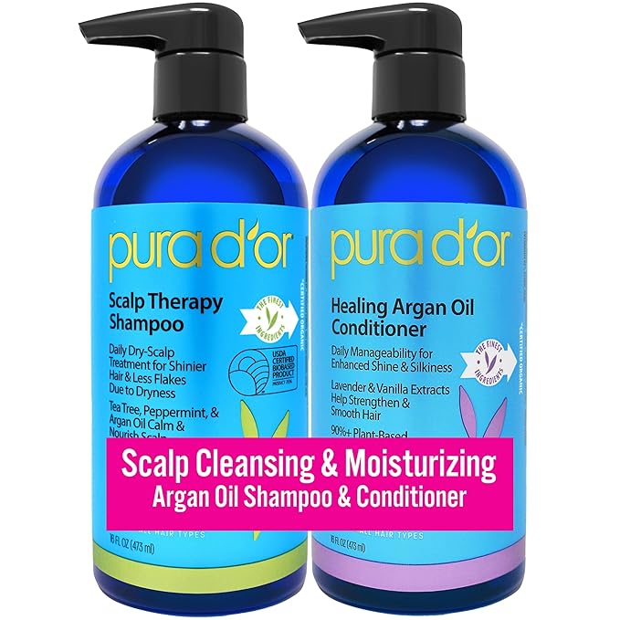 PURA D'OR Scalp Therapy Shampoo & Conditioner Set (16oz x 2) Dry, Itchy Scalp-Hydrates & Nourishes Hair w/Tea Tree, Peppermint, Argan Oil & Biotin, All Hair Type, Men Women (Packaging Varies)