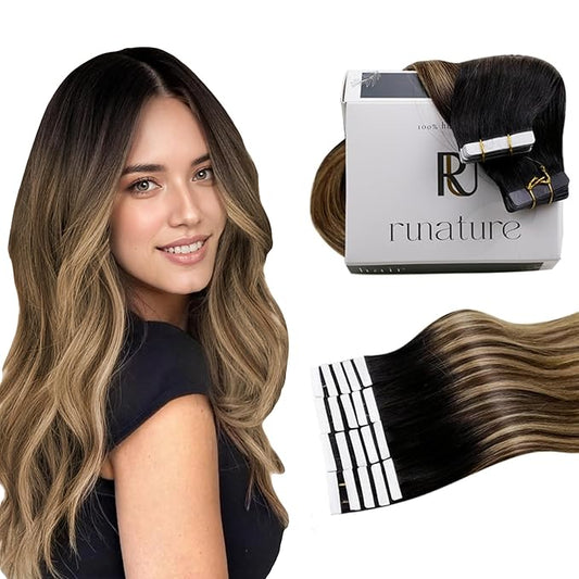 RUNATURE Tape in Hair Extensions Human Hair Balayage Tape in Extensions Seamless Tape ins Human Hair Extensions Ombre Black Rooted to Brown Mix Caramel Blonde 14 Inch 40g 20pcs