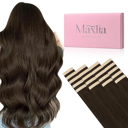 MAXITA Tape in Hair Extensions Real Human Hair, Caramel Brown 20pcs 16 Inch 50g Hair Extensions Tape in Extensions Straight Natural Invisible Tape ins
