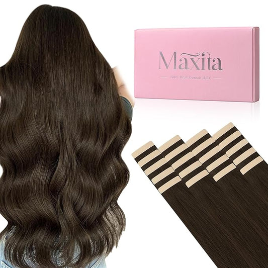 MAXITA Tape in Hair Extensions Real Human Hair, Caramel Brown 20pcs 16 Inch 50g Hair Extensions Tape in Extensions Straight Natural Invisible Tape ins
