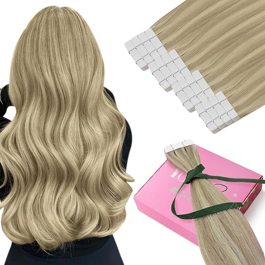YoungSee Tape in Hair Extensions Real Human Hair Blonde Highlight Tape ins Human Hair Extensions Golden Blonde Highlights Human Hair Tape in Extensions 20 Inches 20pcs 50g Invisible Hair Extensions