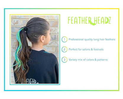 21 Neon Green & Turquoise Color Hair Extensions – 9”–14” Long – DIY Rooster Kit with 20 Micro-Link Beads – 100% Real Feathers – Eye-Catching Boho Style