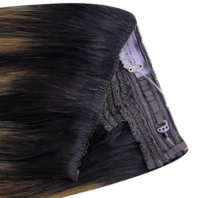 YoungSee Wire Hair Extensions Real Human Hair Balayage Wire Extension with Adjustable Clips Dark Brown Roots Blending into Medium Brown with Warm Blonde Highlights Remy Human Hair Extensions 18In 80G