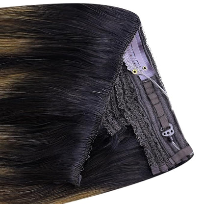 YoungSee Wire Hair Extensions Balayage Wire Hair Extensions Human Hair Invisible Fish Line Hair Extensions Dark Brown Roots Blending into Medium Brown with Warm Blonde Highlights 14Inch 80G