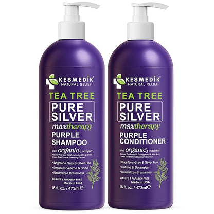 Tea Tree Purple Shampoo & Conditioner Set for Blonde, Bleached, Silver & Grey Hair, Anti Brass Toner, Boosts Highlights & Revitalizes Color, Relieves Itchy Scalp, 16 fl oz Each