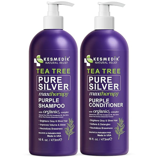 Tea Tree Purple Shampoo & Conditioner Set for Blonde, Bleached, Silver & Grey Hair, Anti Brass Toner, Boosts Highlights & Revitalizes Color, Relieves Itchy Scalp, 16 fl oz Each