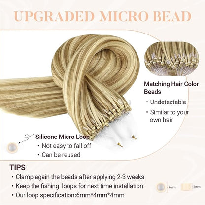 MAXITA Microlink Hair Extensions Human Hair, Light Blonde Highlighted Golden Blonde Micro Bead Hair Extensions Virgin Human Hair, 50g/50 Strands/Pack, 20 In
