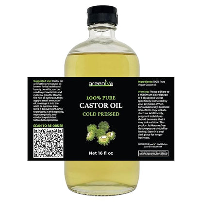 GreenIVe - 100% Pure Castor Oil GLASS - Cold Pressed - Hexane Free - Exclusively on Amazon (16 Ounce)