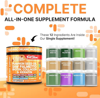 Clean Nutra Pumpkin Seed Oil Saw Palmetto Biotin Collagen Keratin MSM Folate Hyaluronic Acid Supplements B12 Zinc Hair Supplement for Women Men Iodine 5-MTHF B-12 Vitamin B9-60 Vegan Capsules Count