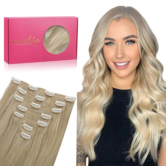 WENNALIFE Seamless Clip In Hair Extensions, 18 Inch 7pcs 130g Ombre Ash Blonde to Golden Blonde Balayage Platinum Blonde Hair Extensions Clip In Invisible PU Weft Real Human Hair Extensions Clip In