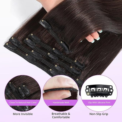 Clip in Hair Extensions Real Human Hair,100% Seamless Invisible Remy Human Hair Silky Straight,Clip Extensions for Women, 8pcs Per Set with Double Weft,2 Dark Brown,20inch 105g/3.7oz
