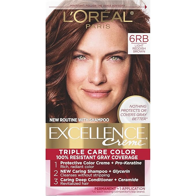 L'Oreal Paris Excellence Creme Permanent Triple Care Hair Color, 6RB Light Reddish Brown, Gray Coverage For Up to 8 Weeks, All Hair Types, Pack of 1