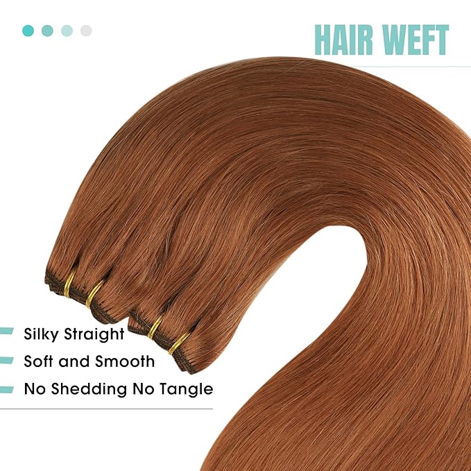 YoungSee Weft Human Hair Extensions Copper Weft Real Hair Extensions Copper Sew in Hair Extensions Copper Remy Hair Weft Extensions 100g 22inch