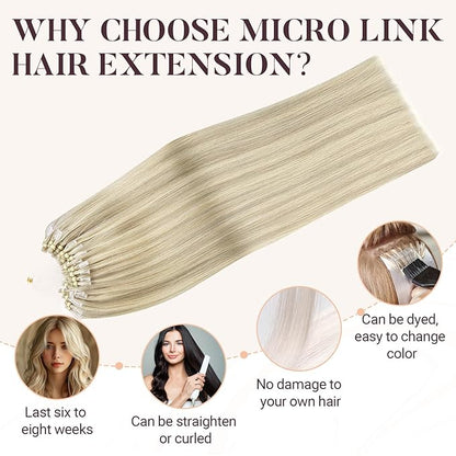 MAXITA Microlink Hair Extensions Human Hair, Ash Blonde Highlighted Platinum Blonde Micro Bead Hair Extensions Virgin Human Hair, 50g/50 Strands/Pack, 22 In