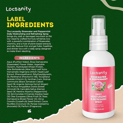 Locsanity Rosewater and Peppermint Daily Moisturizing Spray – Trial Size Hydrating Dreadlock Spray to Nourish the Scalp and Protect Hair From Oil and Buildup (4oz)
