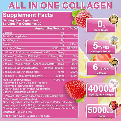 Multi Collagen Peptides Gummies, Type I, II, III, V, X - Hydrolyzed Collagen Peptides with Biotin, Hyaluronic Acid, Supports Healthy Skin, Strong Nails & Thick Hair, 60 Count, 2 Pack