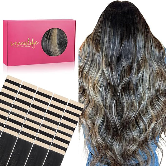 WENNALIFE Tape in Hair Extensions Human Hair, 40pcs 100g 24 inch Balayage Natural Black to Light Blonde Hair Extensions Real Human Hair Straight Tape in Extensions Invisible Human Hair Extensions