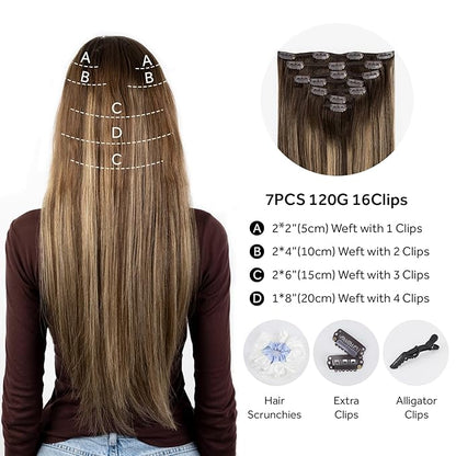 Clip in Hair Extensions Real Human Hair, Invisible Clip In Hair Extensions 100% Human Hair, Balayage Chocolate Brown to Caramel Blonde #4TP27/4 16Inch 120G 7PCS