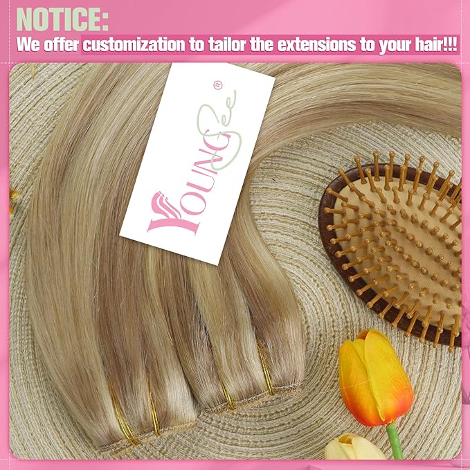 YoungSee Invisible Wire Human Hair Extensions Blonde Highlight Thick Wire Hair Extensions Real Human Hair Dark Ash Blonde Highlights Golden Blonde Hair Wire Extensions for Women 14In 80G