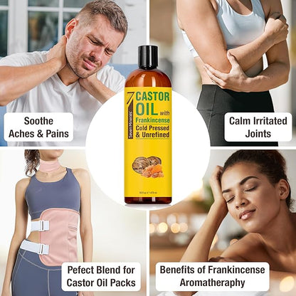 Seven Minerals Cold Pressed Castor Oil with Frankincense - 16 fl oz Bottle - Unrefined & Hexane Free - Hair Growth, Thicker Eyelashes & Eyebrows, Dry Skin Care, Joint and Muscle Relief (Pack of 1)