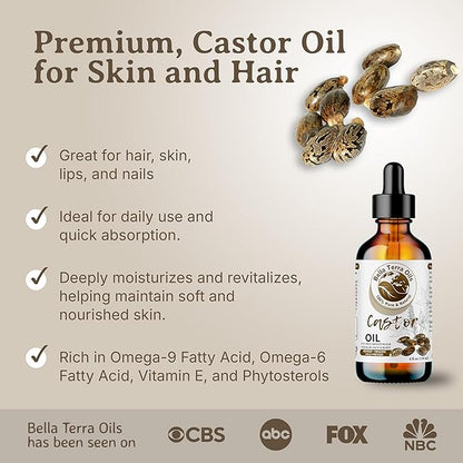 Bella Terra Oils - Organic Castor Oil 2oz Glass Bottle - Pure & Cold-Pressed, Rich in Stearic Acid for Skin & Hair Care