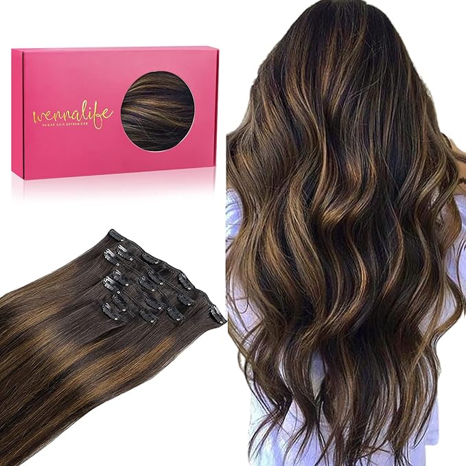 WENNALIFE Clip in Hair Extensions Real Human Hair, 20 Inch 120g 7pcs Dark Brown to Chestnut Brown Balayage Remy Hair Double Weft