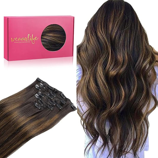 WENNALIFE Clip in Hair Extensions Real Human Hair, 18 Inch 120g 7pcs Dark Brown to Chestnut Brown Balayage Hair Extensions Clip In Human Hair Remy Clip in Hair Extensions Real Human Hair Double Weft