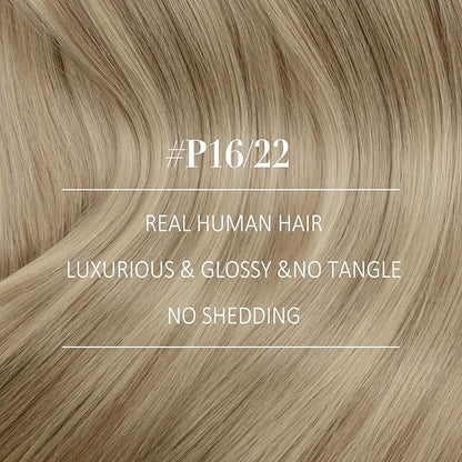 YoungSee Clip in Hair Extensions Human Hair Highlight Lace Clip in Extensions Real Human Hair Dark Ash Blonde Highlights Golden Blonde Remy Human Hair Extensions Clip ins Blonde 16Inch 7Pcs 120G