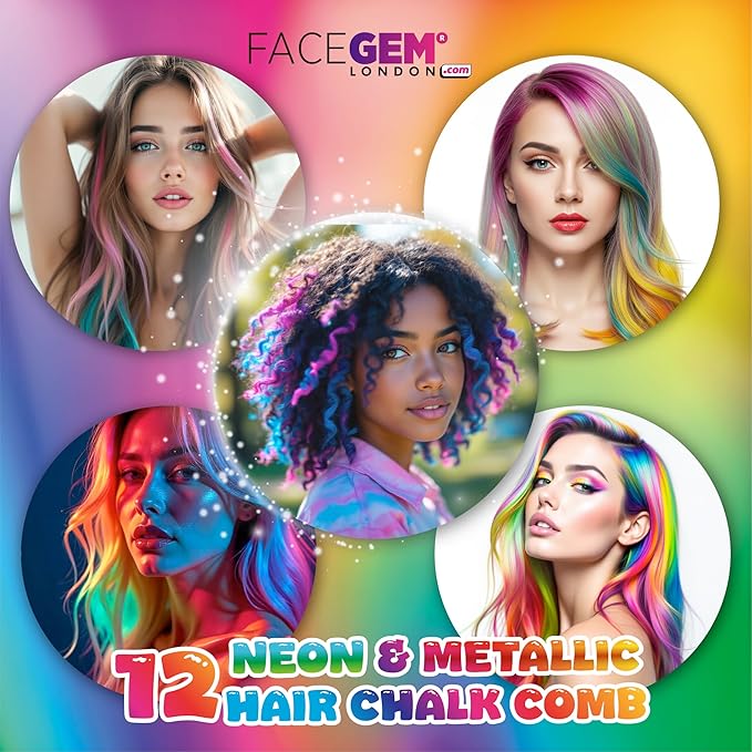 12 Hair chalks comb, 12 NEON & METALLIC hair chalk, Non-Toxic Easy Washable Hair Dye Colourful, METALLIC & NEON hair chalk -Perfect for Festivals, Halloween, Party, hair chalks for girls