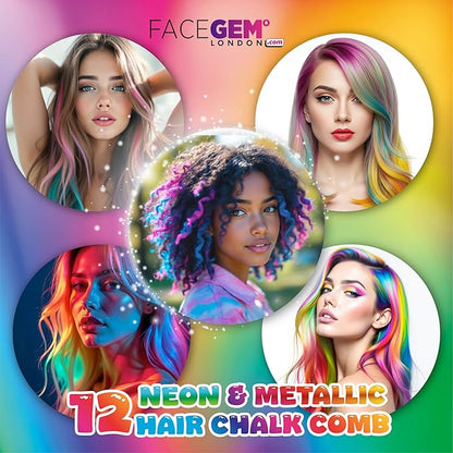 12 Hair chalks comb, 12 NEON & METALLIC hair chalk, Non-Toxic Easy Washable Hair Dye Colourful, METALLIC & NEON hair chalk -Perfect for Festivals, Halloween, Party, hair chalks for girls