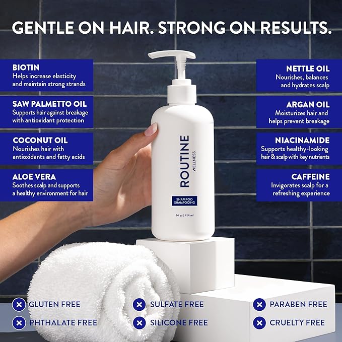 Routine Wellness Anti-Thinning Shampoo for Thinning Hair - Biotin DHT Blocker Women & Men - Color Safe Shampoo for Hair Loss & Healthy Hair - Unscented 14oz (Pack of 2)