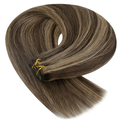 YoungSee Weft Hair Extensions Balayage Sew in Hair Extensions Dark Brown Mix Caramel Blonde Highlights Human Hair Weft Extensions Brown 20Inch 100G
