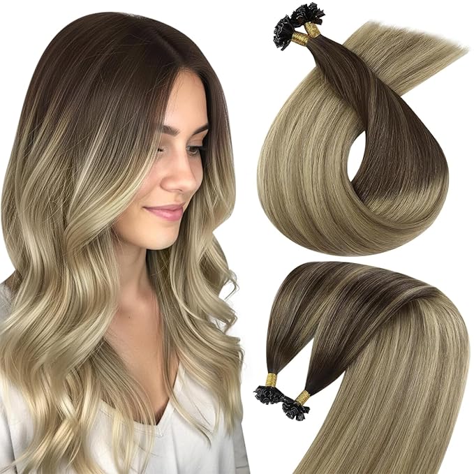 Sunny Hair K Tip Hair Extensions Human Hair 18inch Keratin Hair Extensions Effortless Highlights K Tip for Fine Thin Dark Roots to Golden Brown Mix Blonde K Tips Invisible 50G