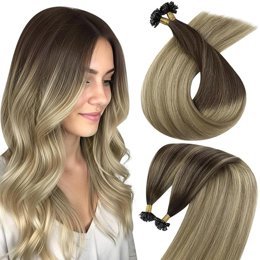 Sunny Hair K Tip Hair Extensions Human Hair Dark Roots to Golden Brown Mix Blonde K Tip Extensions Natural K Tips Hair Extensions Human Hair Blendable 50G 22inch