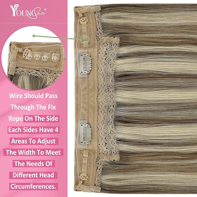 YoungSee Wire Hair Extensions Highlight Invisible Wire Hair Extensions Real Human Hair Highlights Light Brown with Platinum Blonde Hair Extensions for Short Hair 70G 12Inch