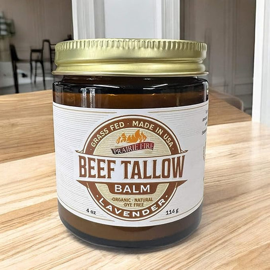 Beef Tallow Balm - 4 oz - Made in USA - Organic Grass Fed and Finished Tallow - Moisturizing Skin Care Lavender